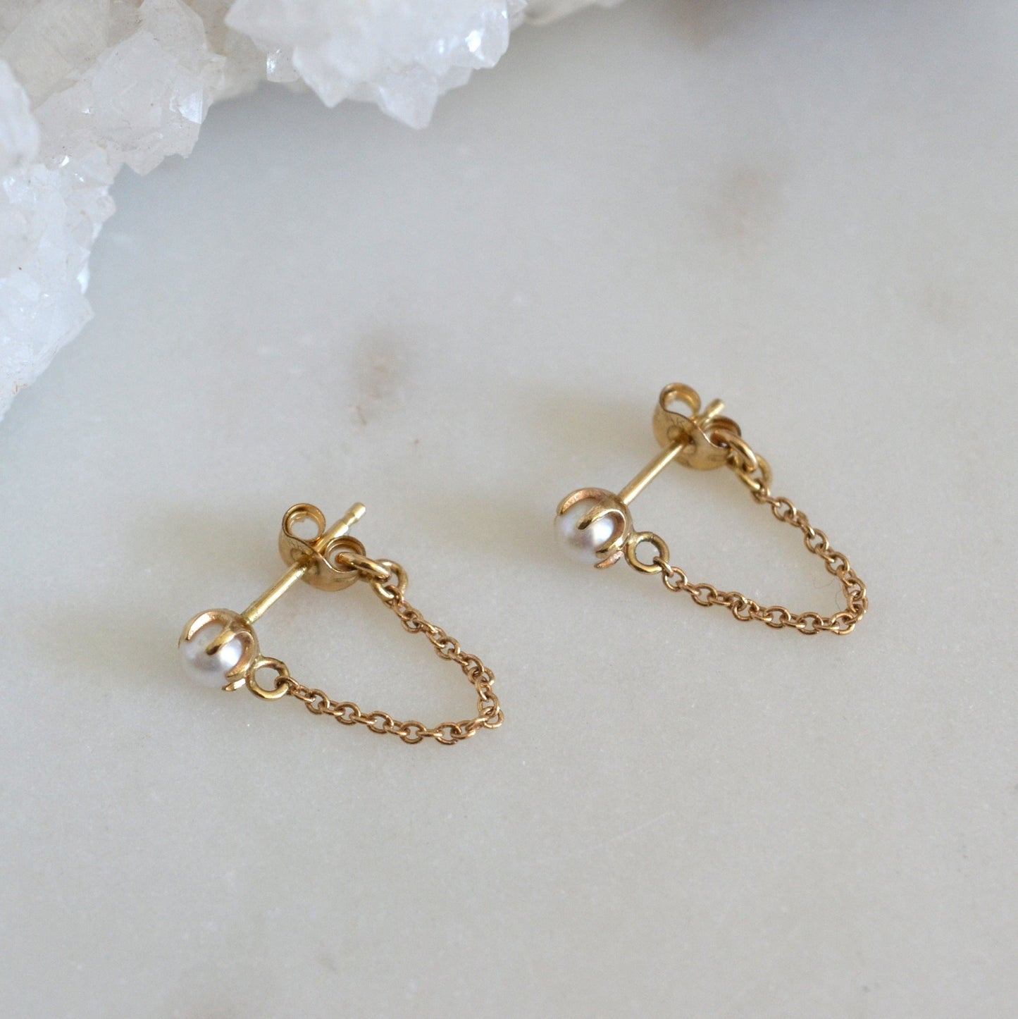 14k Prong Pearl Chain Earrings