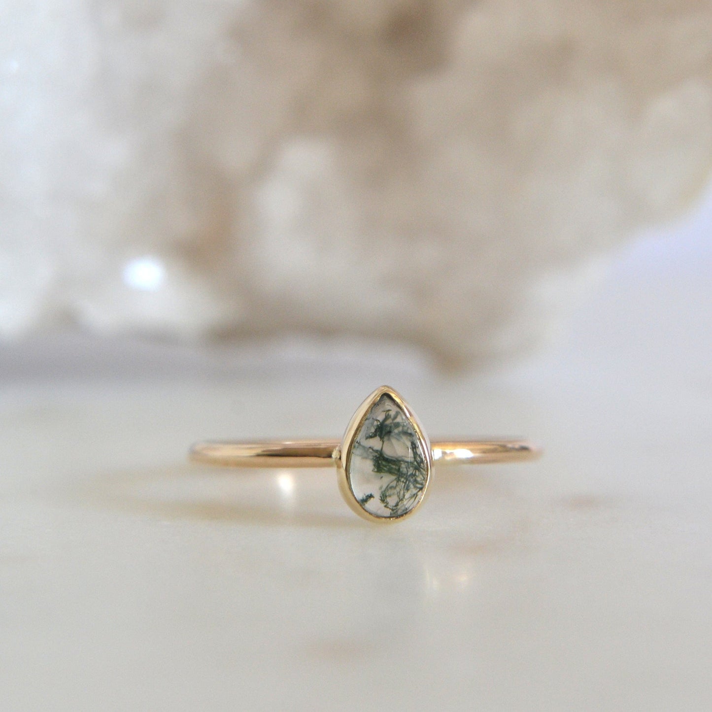 14k Pear Moss Agate Ring