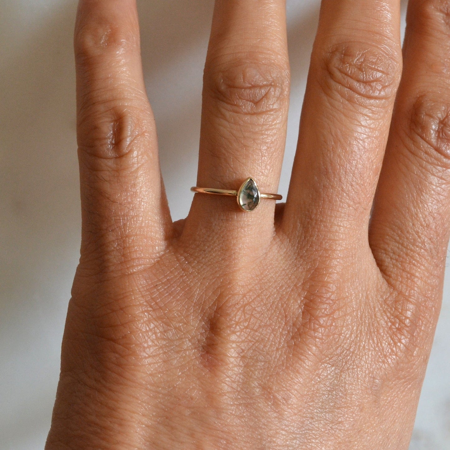 14k Pear Moss Agate Ring