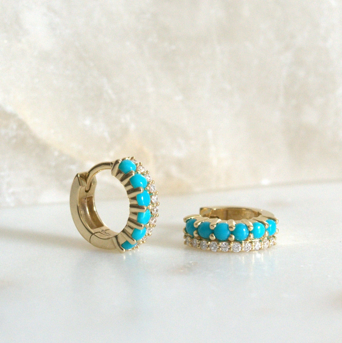 14k Turquoise Diamond Hoops