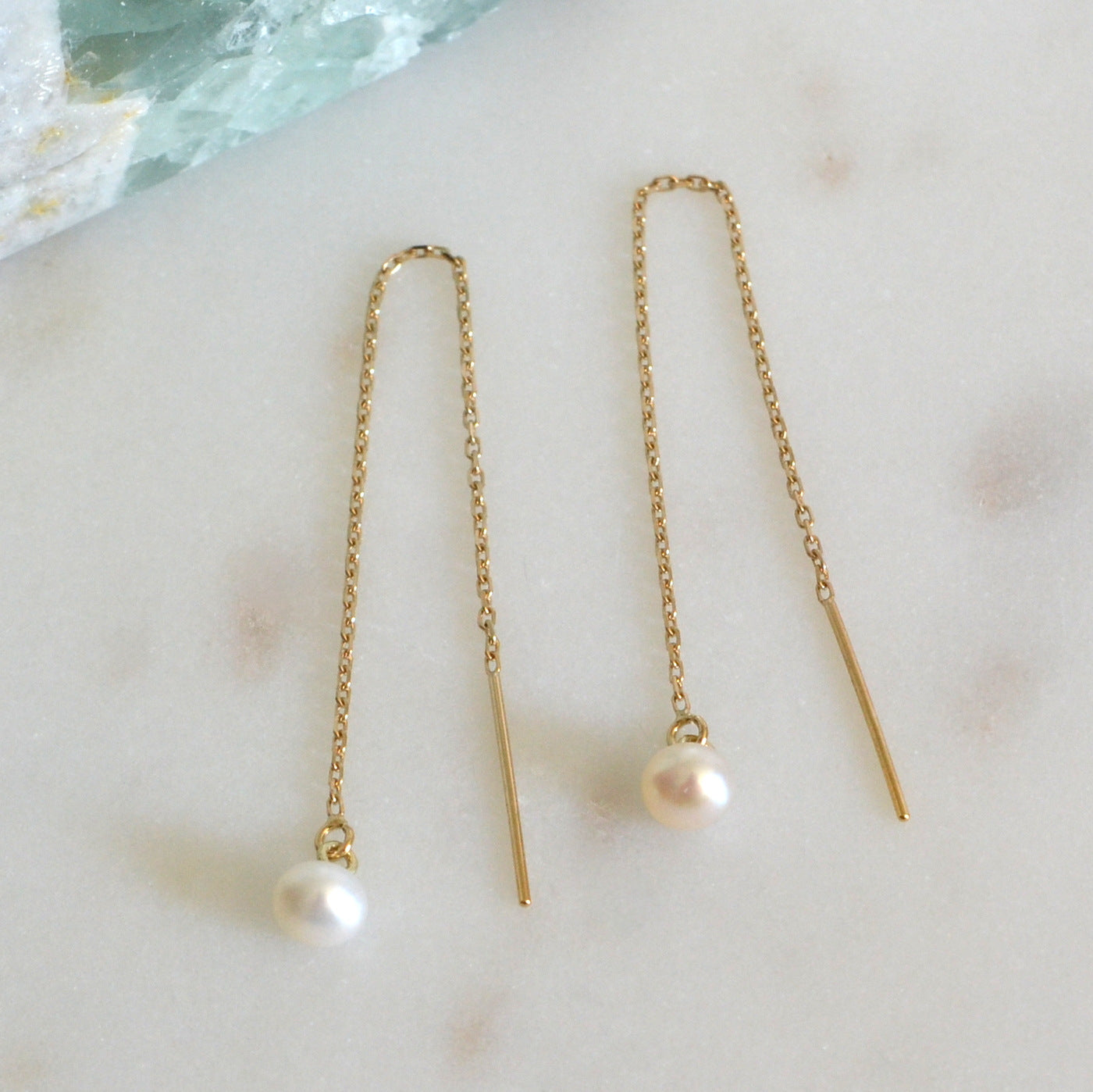 14k pearl chain threader earrings
