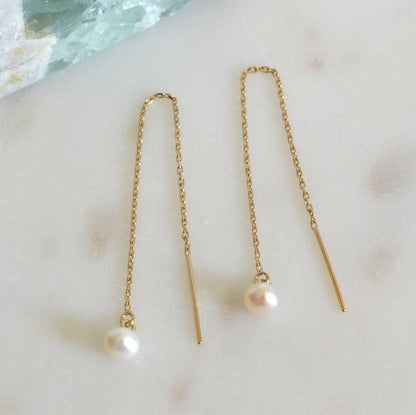 14k pearl chain threader earrings