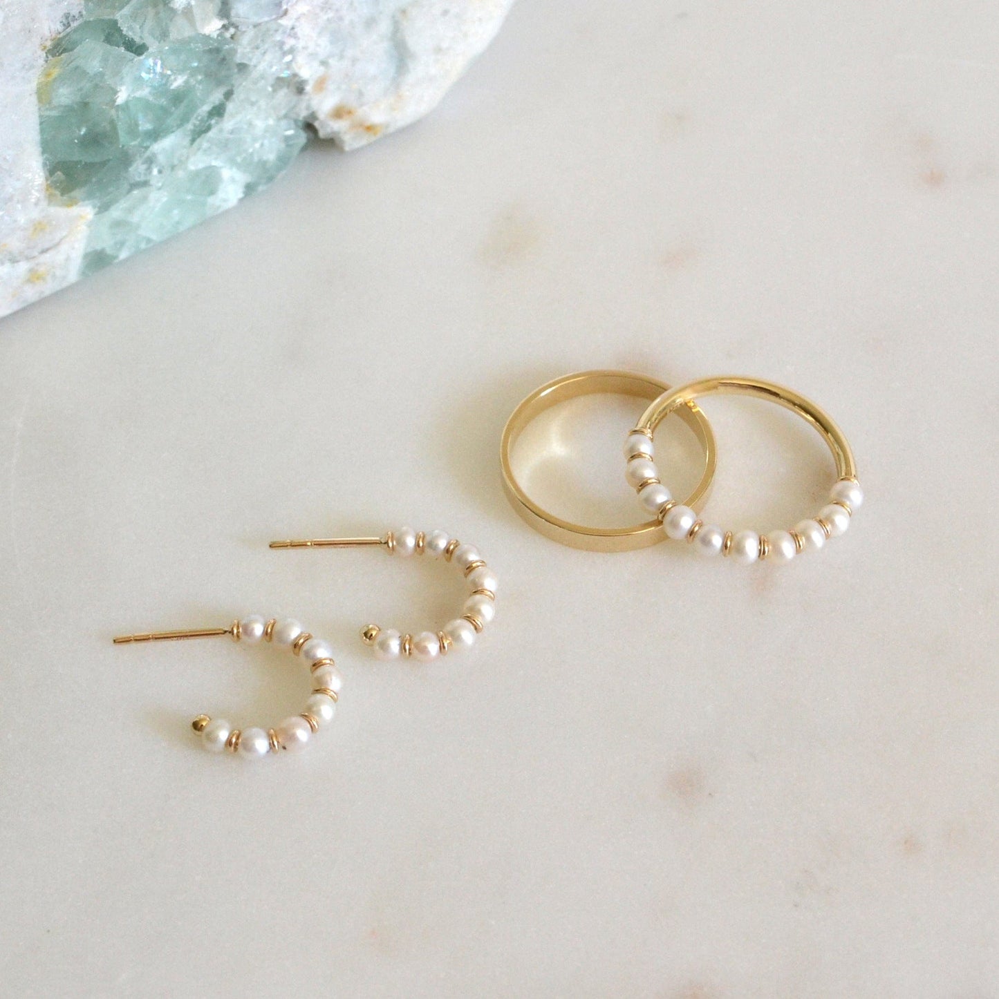 14k Beaded Pearl Hoops