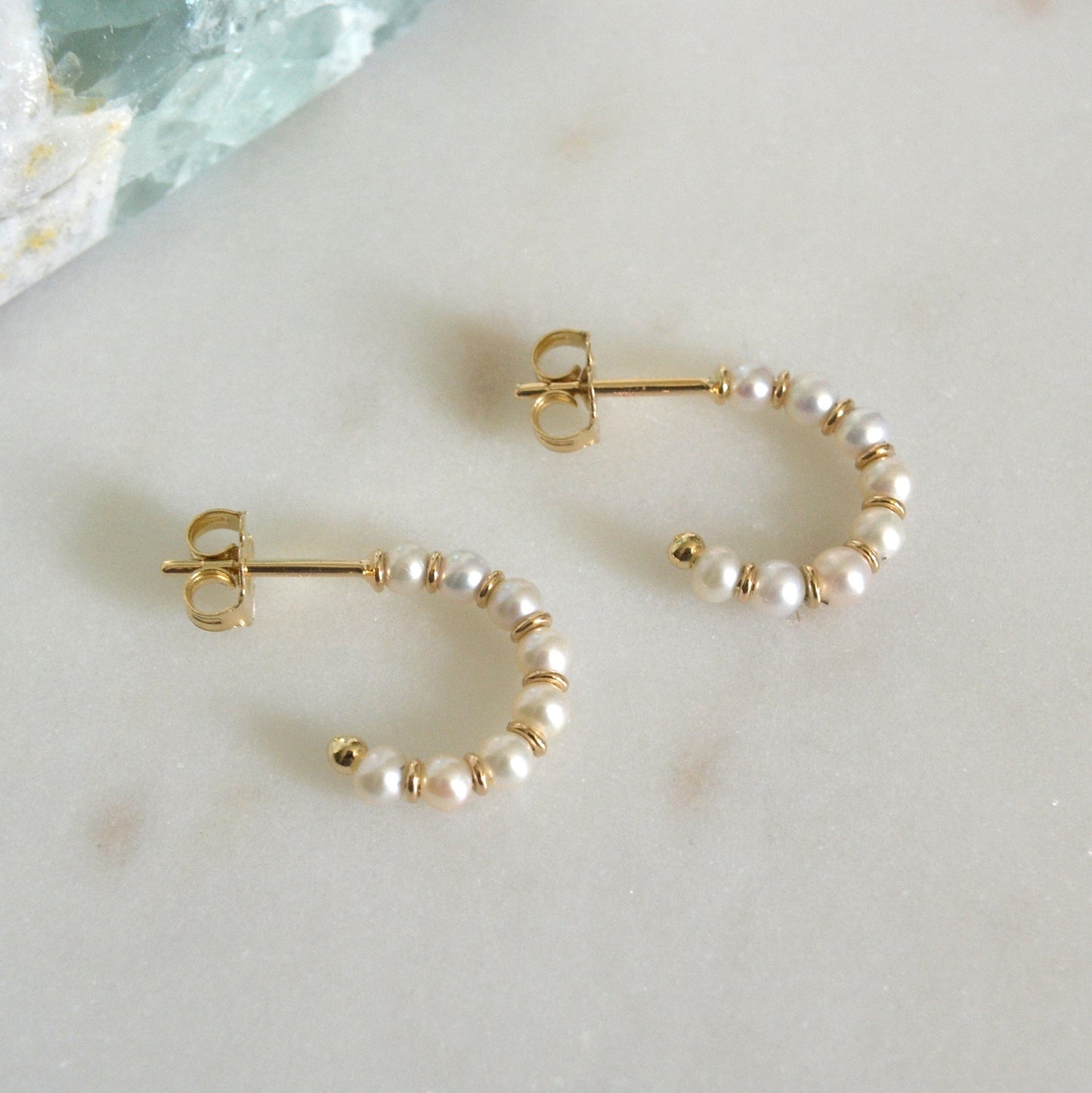 14k Beaded Pearl Hoops