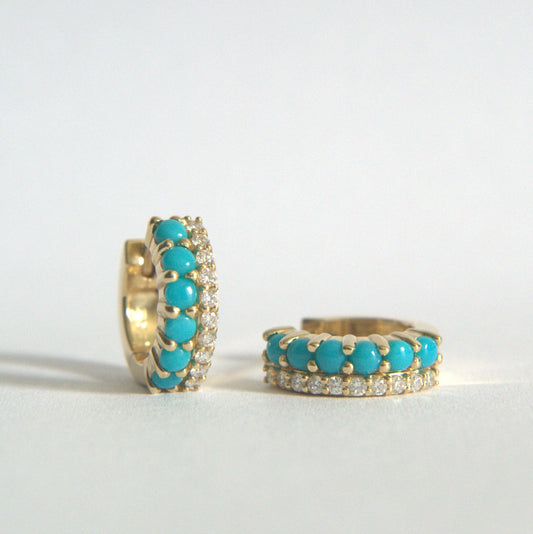 14k Turquoise Diamond Hoops